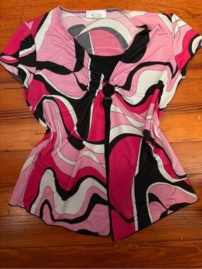 dressbarn Pink and Black Swirl Ring-Front V-Neck Blouse